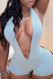 Blue Sexy Casual Solid Backless Halter Skinny Sleeveless Romper