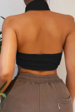 Black Sexy Casual Solid Backless Asymmetrical Halter Tops