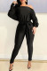 Black Fashion Casual Solid With Belt Oblique Collar Regular Jumpsuits