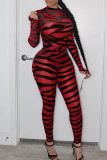 Red Fashion Sexy Print See-through O Neck Skinny Jumpsuits