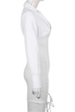 White Fashion Sexy Solid Patchwork Draw String Turndown Collar Long Sleeve Dresses