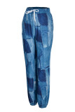 Blue Fashion Casual Print Basic Regular High Waist Conventional Full Print Bottoms