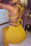 Brown Fashion Sexy Solid Backless Strap Design V Neck Sleeveless Two Pieces
