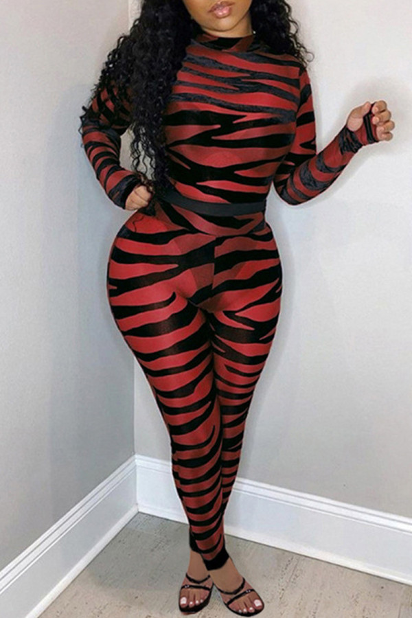 Red Fashion Sexy Print See-through O Neck Skinny Jumpsuits