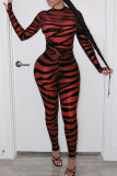 Red Fashion Sexy Print See-through O Neck Skinny Jumpsuits