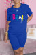 Blue Fashion Casual Print Basic O Neck Short Sleeve Two Pieces