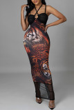 Black Fashion Sexy Print Backless Slit Spaghetti Strap Long Dress