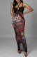 Black Fashion Sexy Print Backless Slit Spaghetti Strap Long Dress