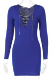 Blue Fashion Sexy Solid Patchwork V Neck Long Sleeve Dresses