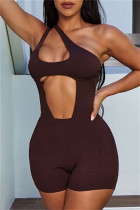 Burgundy Fashion Sexy Solid Hollowed Out See-through One Shoulder Sleeveless Two Pieces