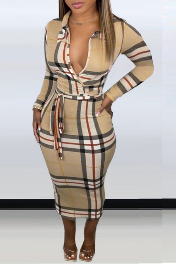 Khaki Sexy Plaid Patchwork Turndown Collar Pencil Skirt Dresses
