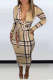 Khaki Sexy Plaid Patchwork Turndown Collar Pencil Skirt Dresses