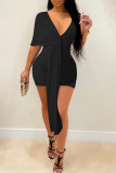 Rose Red Fashion Casual Solid Patchwork V Neck Irregular Dress