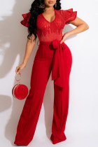 Red Fashion Casual Patchwork Sequins With Belt V Neck Regular Jumpsuits