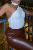 White Fashion Sexy Solid Patchwork Halter Skinny Romper