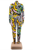 Multicolor Fashion Casual Print With Belt O Neck Plus Size Jumpsuits
