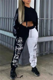 Black White Fashion Casual Graffiti Split Joint Regular High Waist Trousers