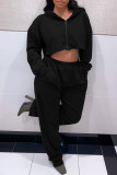Black Fashion Casual Solid Basic Hooded Collar Long Sleeve Two Pieces