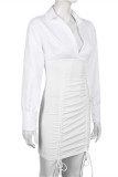 White Fashion Sexy Solid Patchwork Draw String Turndown Collar Long Sleeve Dresses