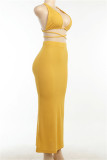 Brown Fashion Sexy Solid Backless Strap Design V Neck Sleeveless Two Pieces