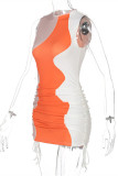 Pink Sexy Casual Patchwork Draw String Frenulum O Neck Vest Dress