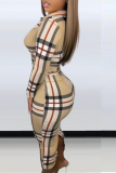 Khaki Sexy Plaid Patchwork Turndown Collar Pencil Skirt Dresses