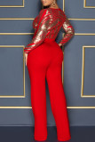 Red Fashion Casual Patchwork Sequins O Neck Regular Jumpsuits