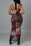 Black Fashion Sexy Print Backless Slit Spaghetti Strap Long Dress
