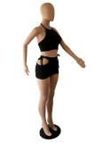 Black Sexy Solid Hollowed Out Backless Strap Design Halter Sleeveless Two Pieces