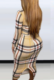 Khaki Sexy Plaid Patchwork Turndown Collar Pencil Skirt Dresses