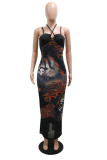 Black Fashion Sexy Print Backless Slit Spaghetti Strap Long Dress