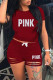 Burgundy Fashion Casual Letter Print Ripped O Neck Short Sleeve Two Pieces