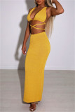 Brown Fashion Sexy Solid Backless Strap Design V Neck Sleeveless Two Pieces