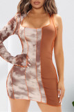 Multicolor Fashion Sexy Patchwork Print Backless Asymmetrical One Shoulder Long Sleeve Dresses
