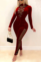 Wine Red Sexy Solid Split Joint O Neck Regular Jumpsuits
