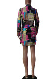 Rose Red Casual Print Patchwork Buckle Turn-back Collar Shirt Dress Dresses