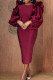 Burgundy Fashion Sexy Solid Patchwork Slit O Neck Lantern Sleeve Evening Dress