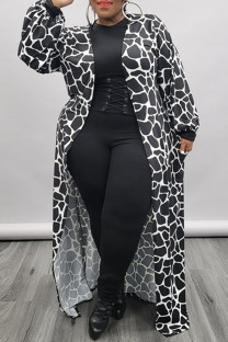 Black Fashion Casual Print Cardigan Plus Size Overcoat