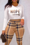 Khaki Fashion Casual Print Basic O Neck Long Sleeve Two Pieces