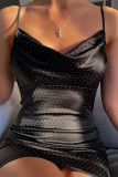 Black Fashion Sexy Solid Sequins Backless Spaghetti Strap Sleeveless Dress