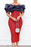 Red Fashion Patchwork Backless Slit Off the Shoulder Evening Dress Dresses
