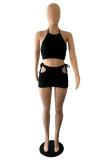 Black Sexy Solid Hollowed Out Backless Strap Design Halter Sleeveless Two Pieces