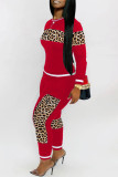 Wine Red Casual Print Two Piece Suits Patchwork Leopard pencil Long Sleeve