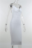 White Fashion Sexy Solid Patchwork Chains Backless Spaghetti Strap Sleeveless Dress