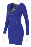 Blue Fashion Sexy Solid Patchwork V Neck Long Sleeve Dresses