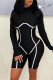 Black Casual Sportswear Solid Patchwork Half A Turtleneck Long Sleeve Skinny Romper