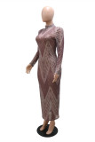 Grey Fashion Sexy Print See-through Turtleneck Long Sleeve Dresses