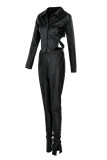 Burgundy Sexy Solid Patchwork Buckle Slit Asymmetrical Turndown Collar Long Sleeve Two Pieces