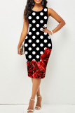 Black Red Fashion Print Patchwork O Neck One Step Skirt Dresses