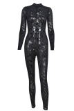 Black Fashion Sexy Patchwork Hollowed Out See-through Half A Turtleneck Skinny Jumpsuits